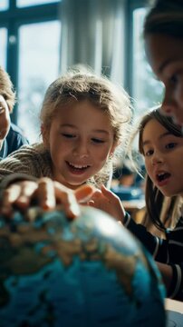 Knowledge and curiosity in action, children exploring globe with teacher, cinematic natural light through classroom window, excitement of discovery shining in eyes, realism of joyful learning and imag