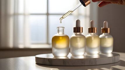 Minimalist frosted glass body oil bottles with gold collars and pipettes on polished white marble. Soft diffused window light highlights elegance and luxurious skincare presentation.