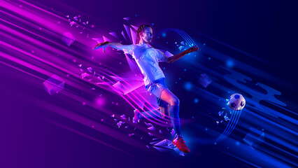 Neon sports composition of female footballer jumping toward moving ball. Concept of women sports promotion, energetic athletic visuals, digital motion graphics, modern competitive branding.