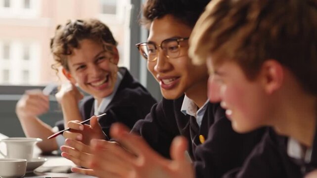 Learning group interaction, students sharing opinions during teamwork task, cinematic dynamic angle, teacher smiling from side, bright tones symbolizing energy, atmosphere of equality and creativity.