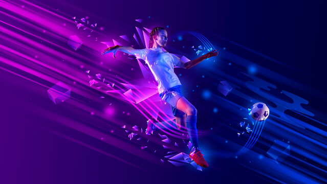 Neon sports composition of female footballer jumping toward moving ball. Concept of women sports promotion, energetic athletic visuals, digital motion graphics, modern competitive branding.