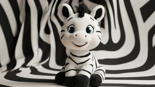A charming stuffed zebra with a cute expression sits before a zebra-striped backdrop