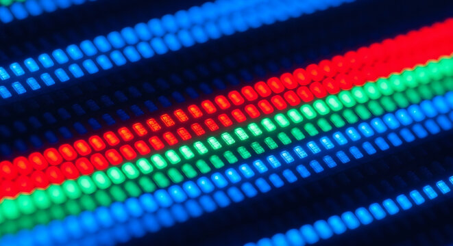 Vibrant RGB LED lights creating modern dynamic pattern, perfect for tech backgrounds, futuristic designs, and digital displays with electrifying energy and vivid colors