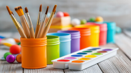 Obraz premium Close-up paintbrushes, watercolor palette, colorful paint jars on wooden table. Art supplies, creativity, education, children's craft, school activities