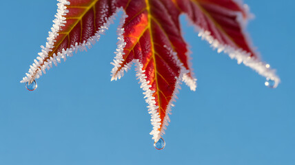 Frozen Red Maple Leaf with Ice Crystals and Water Droplets Against a Clear Blue Sky in Winter, Macro Photography, Nature Background