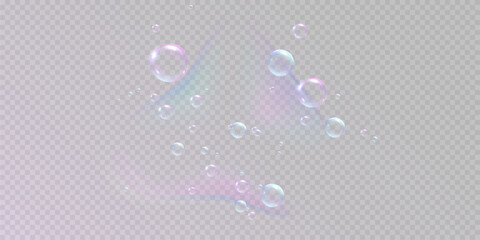 realistic colorful soap bubbles to create a design. Transparent realistic soap bubbles isolated on transparent background.