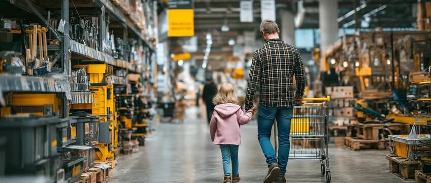 A young girl and her father are shopping in a do-it-yourself hardware store with a children's cart.