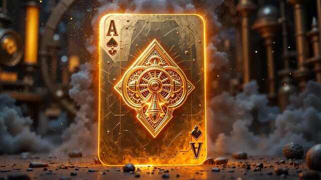 Glowing golden ace of spades card surrounded by smoke and sparks on dark background. Concept of mysticism and magic