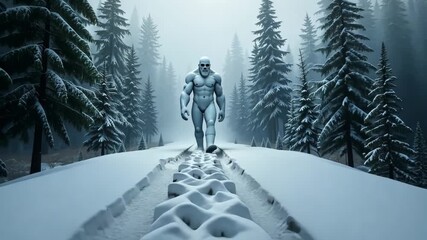 Futuristic armored humanoid robot walking on snowy trail through dense conifer forest. Concept of survival in post-apocalyptic future - Powered by Adobe