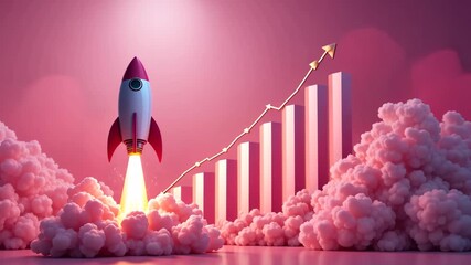 Cartoon rocket launching through pink clouds with rising graph in background symbolizing growth. Concept of success and innovation