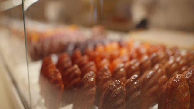 Close up view in slow motion of Madeleine pastries in a counter in a pastry shop in Paris