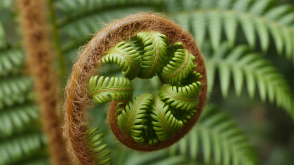 Unfurling Fern Frond: Close-Up of a Young, Spiraling Fern with Fuzzy Brown Texture and Vibrant Green Leaves in a Natural Setting, Symbolizing New