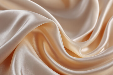 高級コスメ・ジュエリー広告用「光沢シルクのラグジュアリーテクスチャ」ゴールデンベージュ布背景