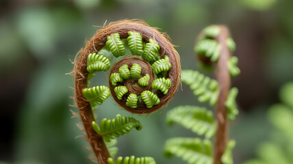 Unfurling Fern Frond: A Macro View of Nature's Spiral, Revealing New Growth and the Intricate Details of a Young Plant in a Lush Green Environment
