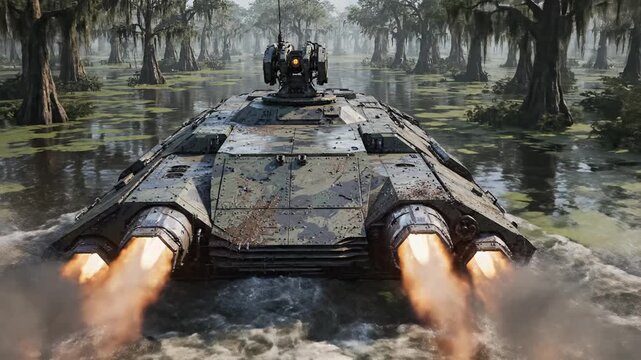 A futuristic military hovercraft with jet engines speeding through a swampy forest.