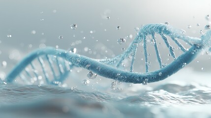 Blue DNA strand gracefully twists through water droplets, creating a captivating visual representation of genetic science and biological research, highlighting the beauty of molecular structures
