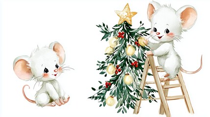 Cute white mice decorating a Christmas tree with golden ornaments, one climbing a ladder while the other watches, creating a joyful holiday atmosphere in a whimsical illustration