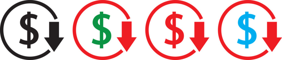 Cost reduction icon price lower arrow, profit and lose money icons, Price Reduction sign, dollar symbol with a downward arrow symbol,

