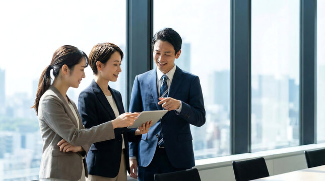 Asian business team collaborating on a tablet in a modern office discussing strategy and reviewing data with a cityscape view