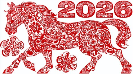 Red horse illustration adorned with floral patterns and the year 2026, symbolizing prosperity and good fortune in the upcoming lunar new year celebration