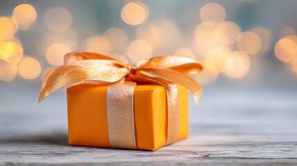 Bright orange gift box with a shimmering ribbon, placed on a rustic wooden surface, surrounded by soft bokeh lights, creating a festive and cheerful atmosphere for celebrations
