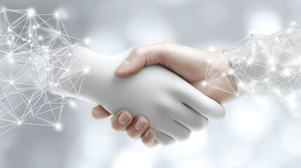 Two hands shaking, one human and one robotic, symbolizing partnership and collaboration in a digital age, with abstract connections and glowing elements in the background