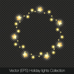 Charming Holiday lights wreath with glowing stars, yellow light bulbs and twinkles, isolated on transparent background. Decorative orange string lights with twinkle