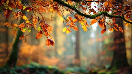 Fototapeta premium Vibrant autumn leaves over a soft, blurred forest backdrop