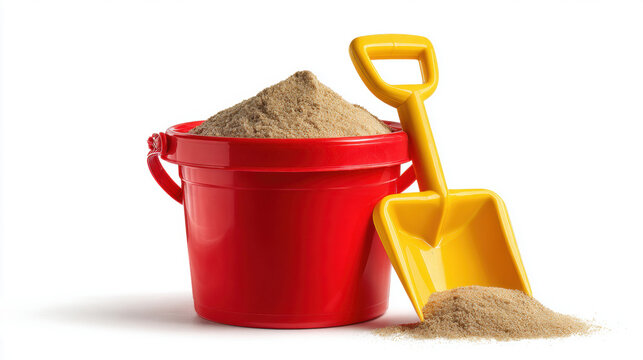 Red bucket filled with sand and a yellow shovel on a white background. A bright red bucket is filled with sand, and a yellow shovel sits beside it, ready for fun.