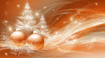 Festive orange background featuring shimmering Christmas trees and decorative ornaments, creating a warm holiday atmosphere with vibrant light trails and sparkling effects