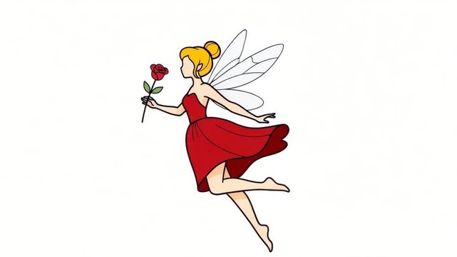 Whimsical flying fairy in red dress with wings, holding red rose