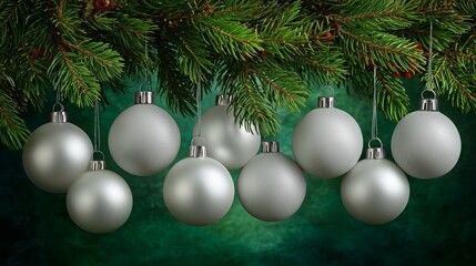 Silver Christmas ornaments hanging from evergreen branches against a dark green background, creating a festive atmosphere for holiday celebrations and seasonal decor inspiration