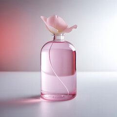 Sleek 50ml pink cosmetic bottle with rose petals, soft ambient lighting, and pale red-to-white gradient. Minimal spa aesthetic, clean studio shot highlighting elegance and freshness.