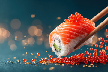 Close-up of fresh salmon sushi roll with red roe, chopsticks, and splashing water.Asian food delivery banner. Sushi restaurant advertisement.