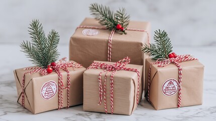 Festively wrapped gift boxes adorned with greenery and red accents are arranged on a marble surface, creating a warm holiday atmosphere perfect for seasonal celebrations