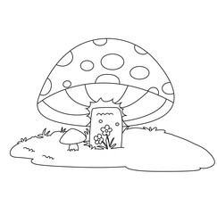 Cute cartoon hand drawn vector mushrooms in the grass outline.