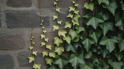 Ivy Vines Climbing a Stone Wall, Green Foliage and Natural Texture, Perfect for Backgrounds, Nature Themes, and Architectural Details