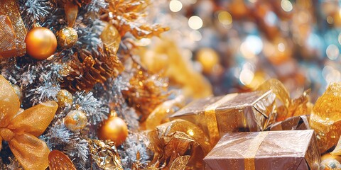 Festive Christmas tree adorned with golden ornaments and ribbons, surrounded by beautifully wrapped presents, creating a warm holiday atmosphere filled with joy and celebration
