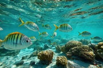 Vibrant reef fish gliding among coral formations under bright ocean light