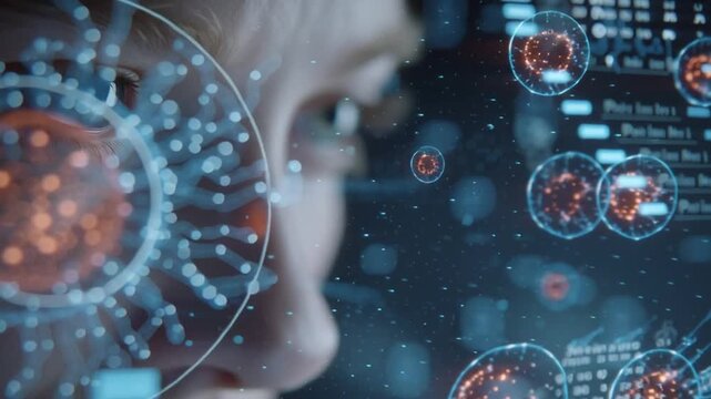 Microorganism life cycle shown through digital hologram, glowing 3D representation of bacterial stages, scientists observing closely in sterile lab, cinematic cold lighting and translucent layers of d