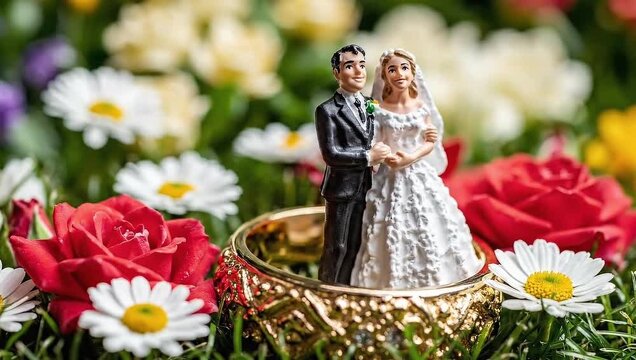 Wedding cake topper figurines bride and groom romantic flowers roses daisies celebration love marriage