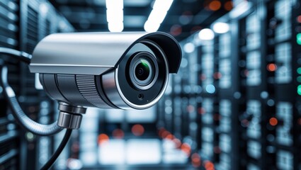 Security camera in a server room, monitoring data center equipment