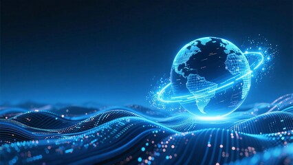 Earth surrounded by a blue band of light and particles made of light