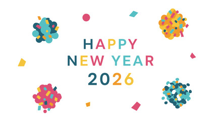 Happy new year 2026 greeting card with colorful confetti and abstract shape