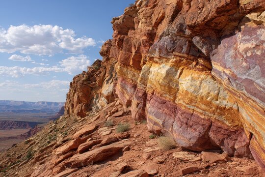 Vibrant sedimentary rock face showing cross-cutting faults and bold color bands - Powered by Adobe