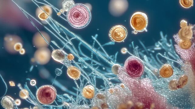 Microorganism observation study Illustrate a close-up of a tiny drop of pond water under intense magnification, revealing a bustling ecosystem of motile, active, and fascinating single-celled organism