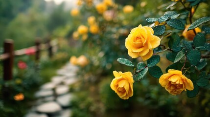 Vibrant yellow rose blooms on a garden bush with leafy background
