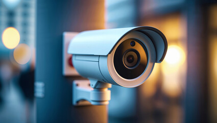 Close-up of a security camera mounted on a pole in an urban environment