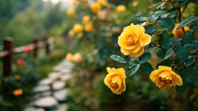 Vibrant yellow rose blooms on a garden bush with leafy background