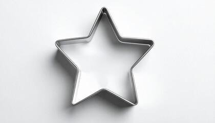 Metal silver star shaped cookie cutter isolated on white backdrop, baking tool. Top view.